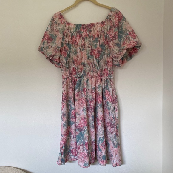 NWT LuLaRoe Alina Floral Smocked Puff Sleeve Nap Dress w Pockets | Pink Pastel - Picture 8 of 14